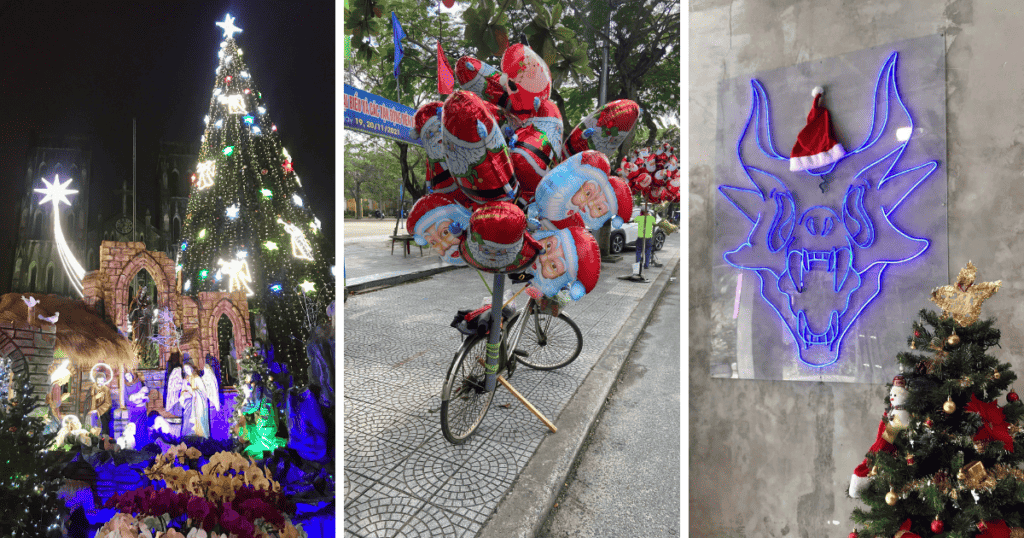 Christmas in Vietnam: St. Joseph's Cathedral in Hanoi with a nativity scene and Christmas tree, a bicycle carrying Santa Claus balloons, and a Christmas tree with a neon dragon in a Santa hat