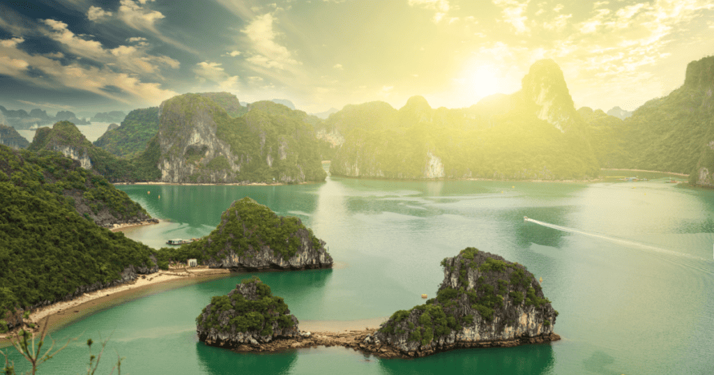 Limestone islands in Ha Long Bay, Vietnam at sunset in December
