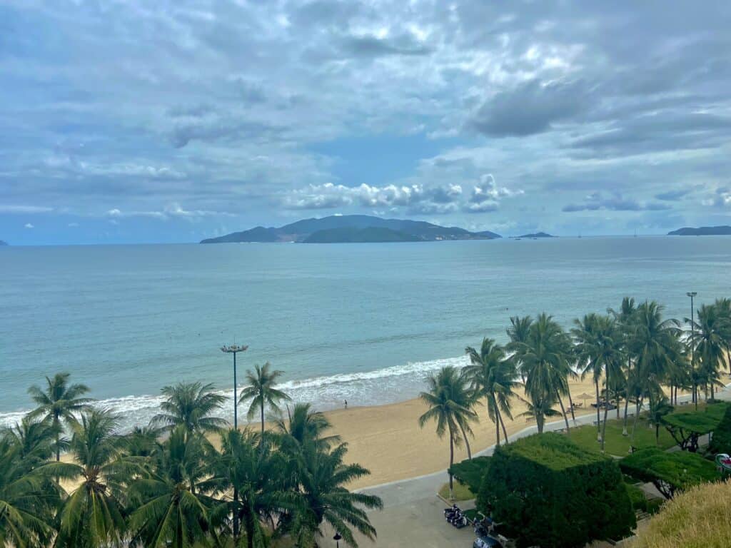 Coastal view of a sandy beach in Nha Trang, Vietnam lined with palm trees in the foreground and a vast, calm ocean extending to a hazy mountainous island in the distance. Overcast skies suggest a tranquil, overcast day at a tropical destination