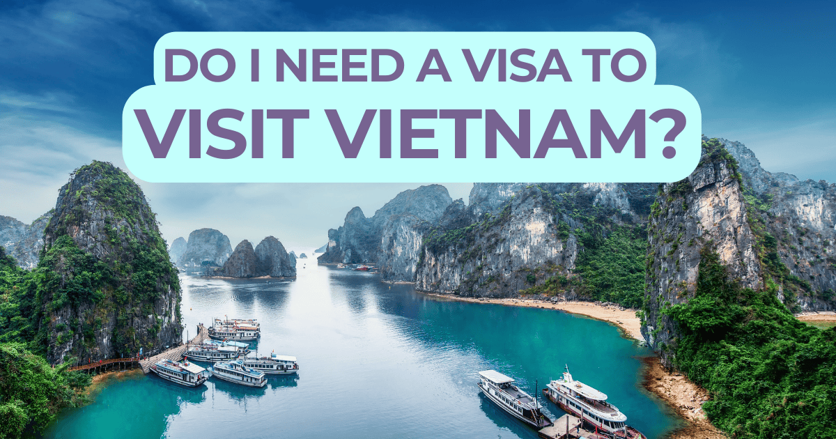 Banner image asking 'Do I need a visa to visit Vietnam?' overlaid on a scenic view of Ha Long Bay, Vietnam. The image shows a serene water landscape with towering limestone islets and multiple tour boats anchored near a sandy shoreline.