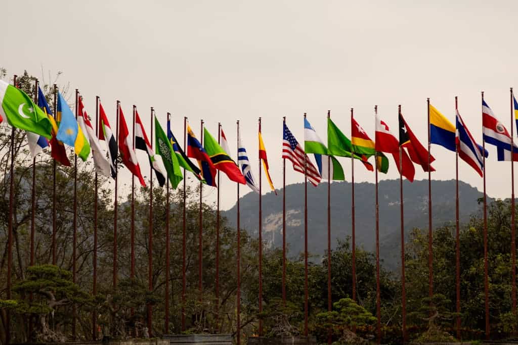 A group of flags are flying in the air