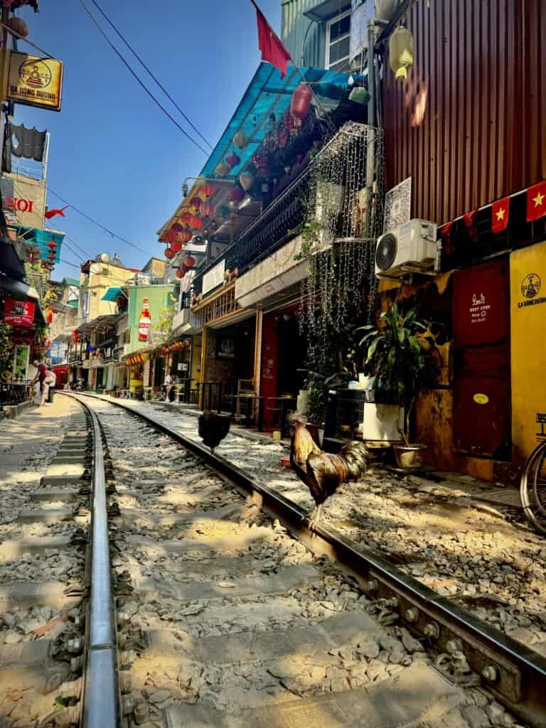 A scenic view of Hanoi’s famous Train Street, lined with colorful storefronts, Vietnamese flags, and decorative lanterns. A rooster stands confidently on the train tracks, adding a rustic charm to the narrow alleyway, while the vibrant surroundings showcase the bustling yet intimate atmosphere of this unique urban spot.