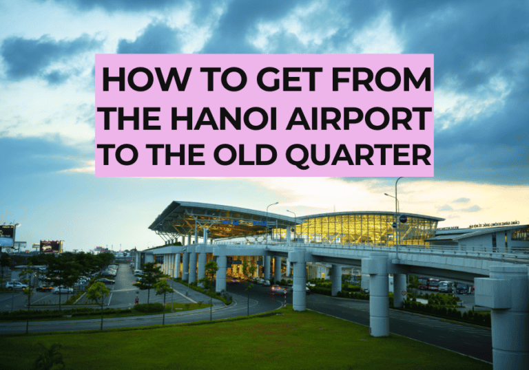 "Evening view of Hanoi Airport with a modern terminal building and an overpass road in the foreground. A pink text overlay reads 'How to get from the Hanoi Airport to the Old Quarter,' positioned prominently in the center of the image.