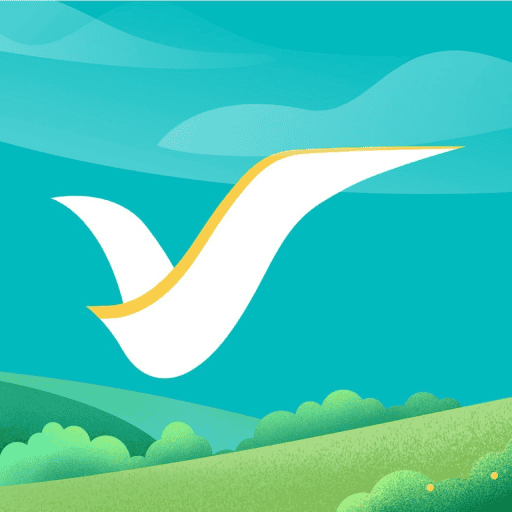"Abstract logo resembling a stylized white bird with a yellow accent, set against a scenic background of rolling green hills and a blue sky with soft clouds.
